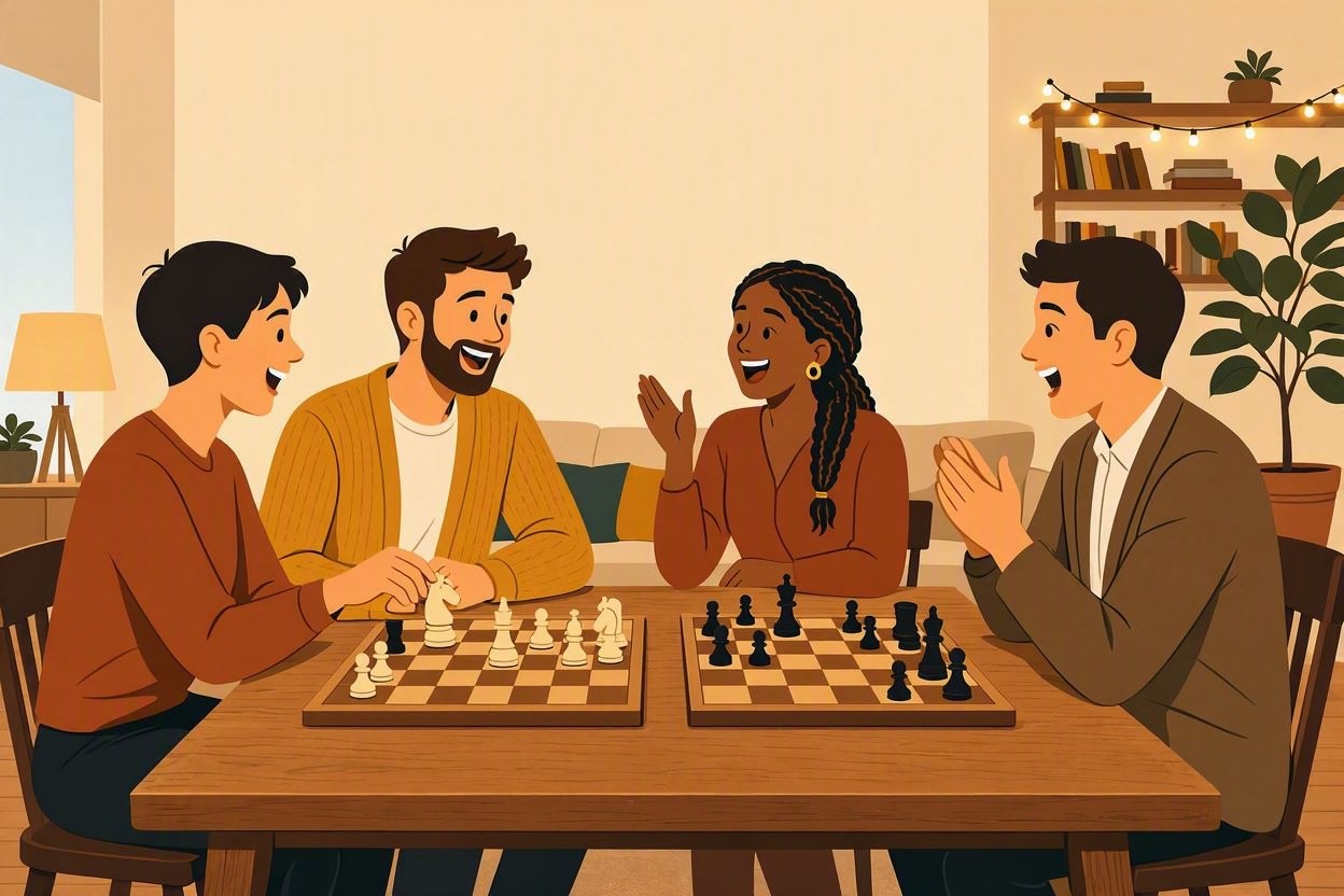 Four friends playing bughouse on two chessboards, passing a captured knight across the table